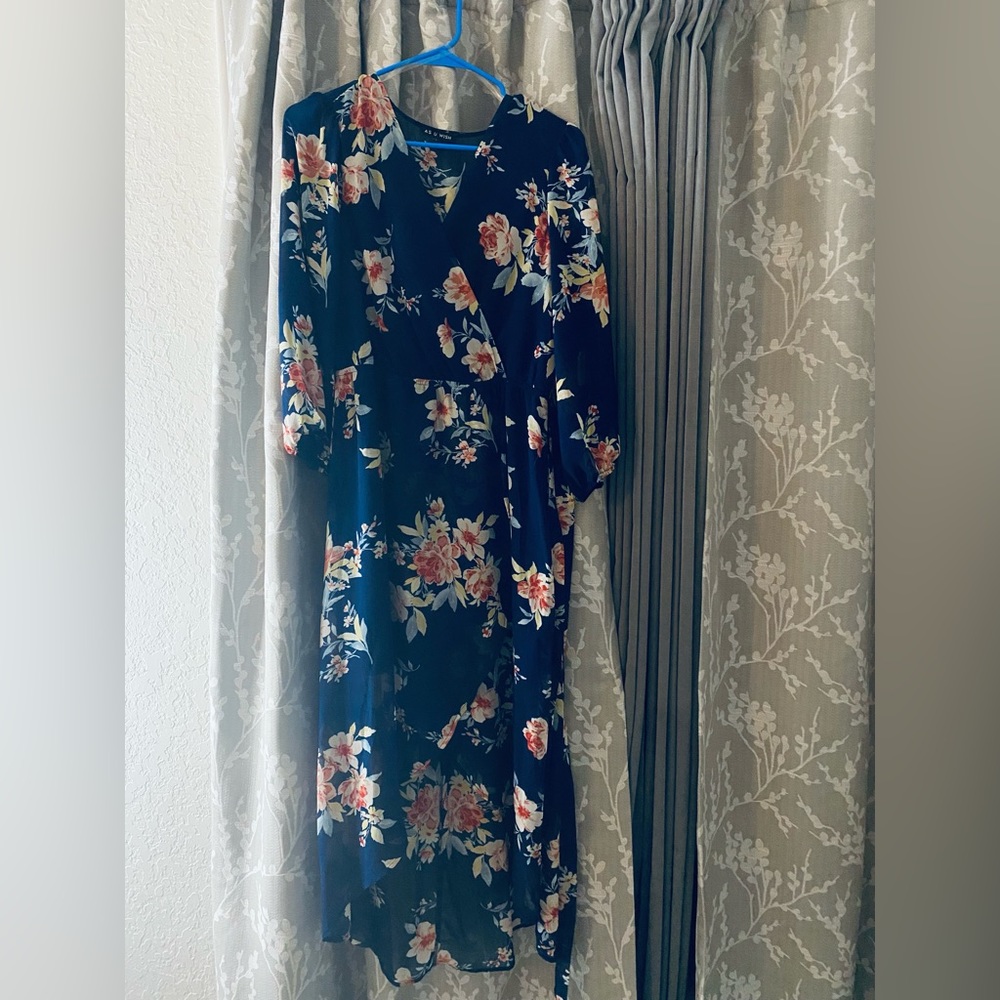 Blue floral dress.